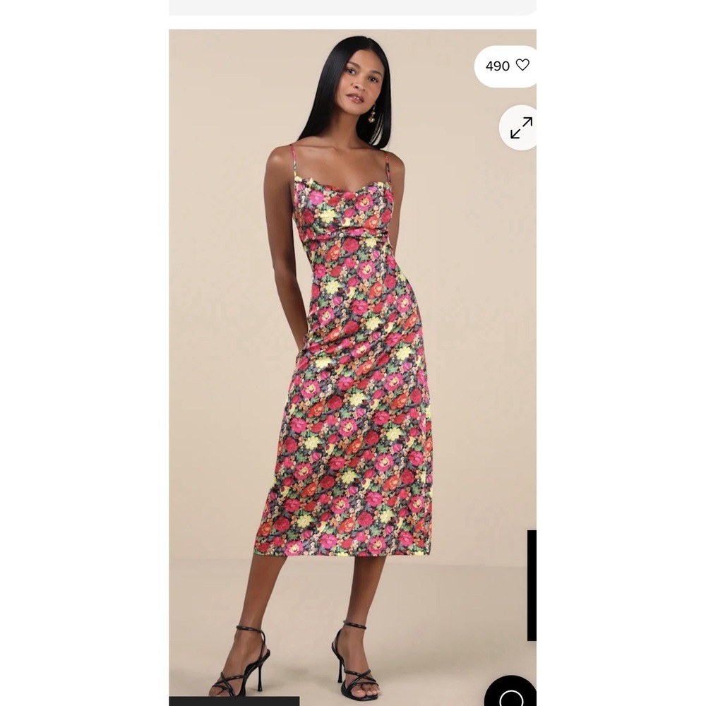 Lulus Favorite Icon Multi Floral Satin Cowl Neck Slip Midi Dress Fall Women's M